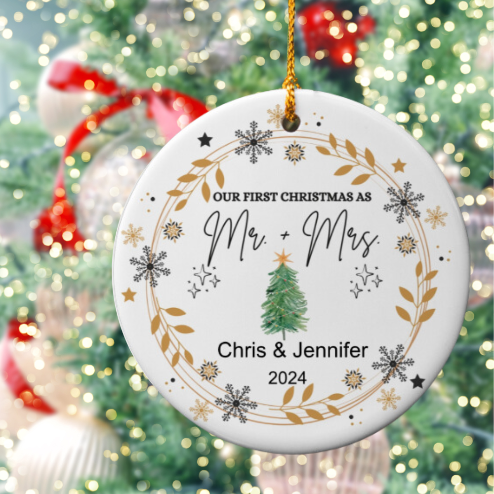 Celebrating Love: Personalized 'Our First Christmas as Mr. + Mrs.- Ornament