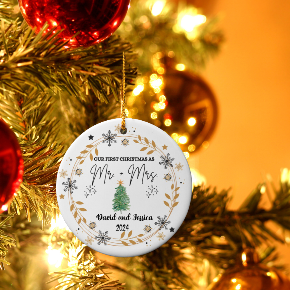 Celebrating Love: Personalized 'Our First Christmas as Mr. + Mrs.- Ornament