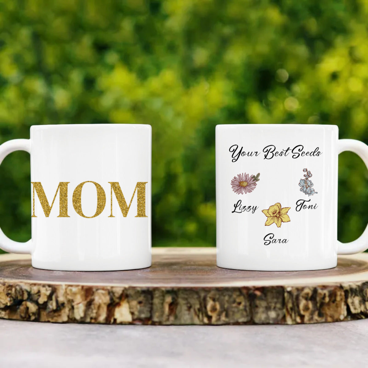 Mother's Love Coffee Mug with Kids Birth Flowers 11 oz. - White