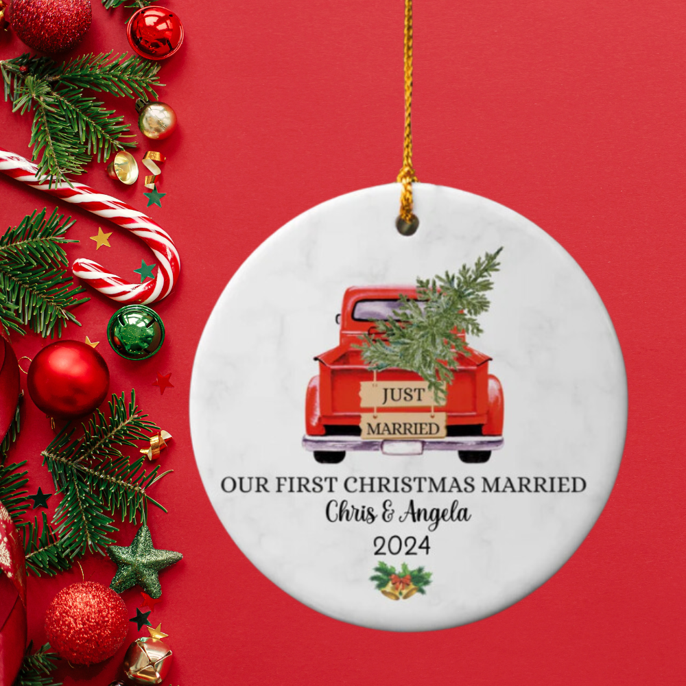 Our First Christmas Married: Personalized Red Truck Ornament with Tree