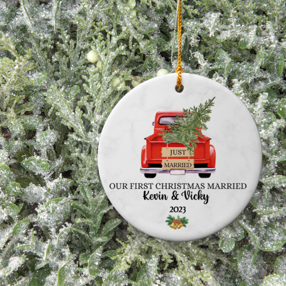 Our First Christmas Married: Personalized Red Truck Ornament with Tree