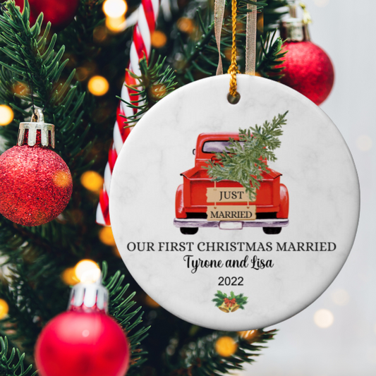 Our First Christmas Married: Personalized Red Truck Ornament with Tree