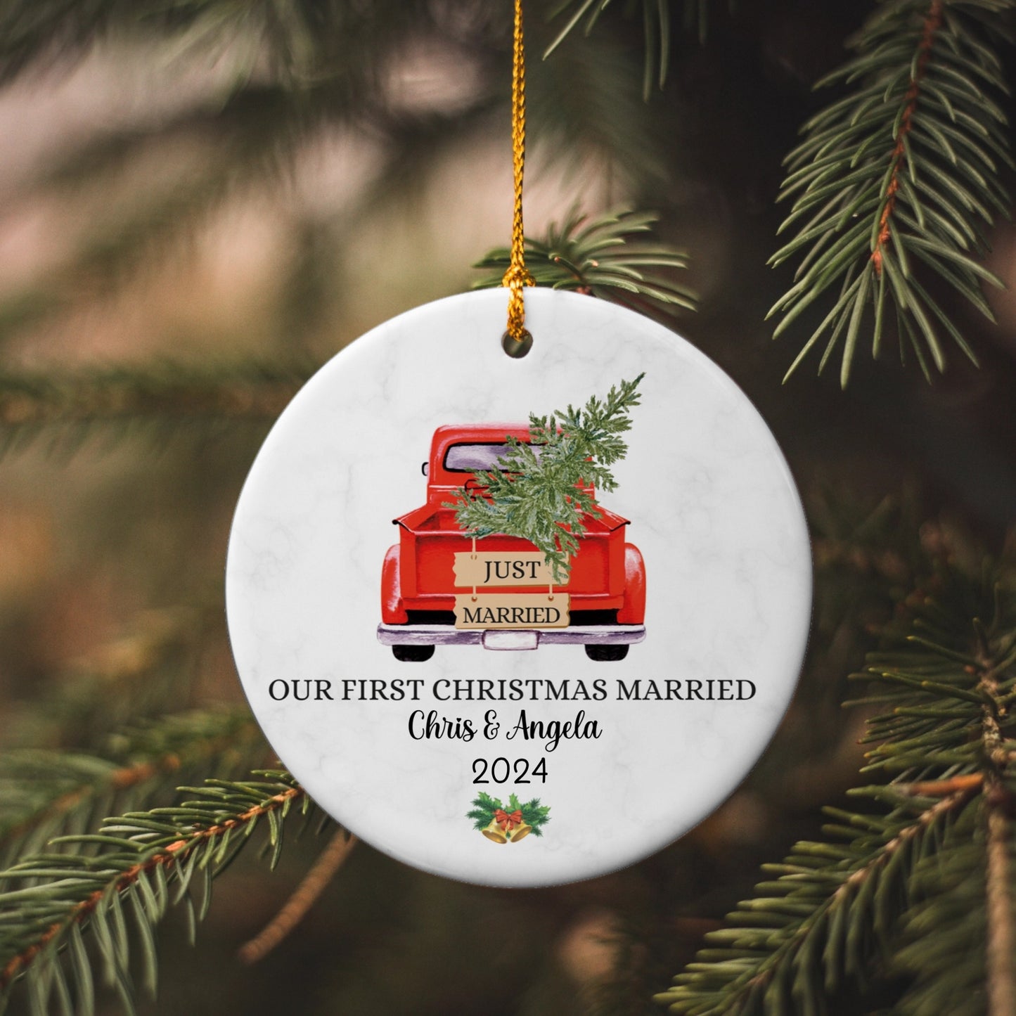 Our First Christmas Married: Personalized Red Truck Ornament with Tree